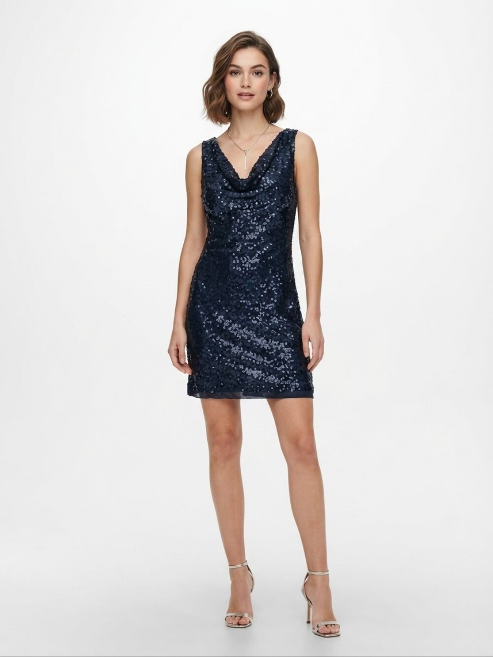 NEW Navy Sequin Cowl Neck Sleeveless Dress Size 6/M